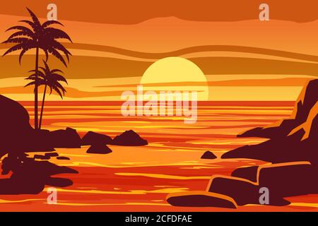 Tropicale bellissimo tramonto, paesaggio, palme, mare, pietre, vettore, stile cartoon, illustrazione isolata Illustrazione Vettoriale