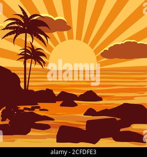 Tropicale bellissimo tramonto, paesaggio, palme, mare, pietre, vettore, stile cartoon, illustrazione isolata Illustrazione Vettoriale