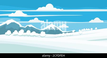 Paesaggio invernale, campo nella neve, montagne, alberi, stile, vettore, illustrazione, isolato Illustrazione Vettoriale