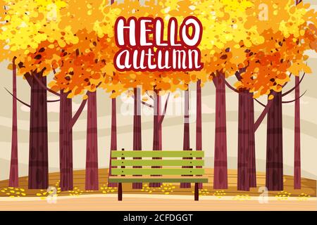 Ciao illustrazione colore autunno. In design cartolina parco. Passeggiata all'aperto. Banner cartoon paesaggio all'inizio dell'autunno. Autunno tempo fuoco alberi parco Illustrazione Vettoriale