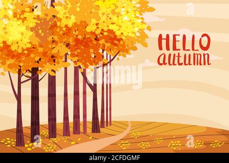 Ciao illustrazione colore autunno. In design cartolina parco. Passeggiata all'aperto. Banner cartoon paesaggio all'inizio dell'autunno. Autunno tempo fuoco alberi parco Illustrazione Vettoriale