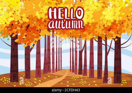 Ciao illustrazione colore autunno. In design cartolina parco. Passeggiata all'aperto. Banner cartoon paesaggio all'inizio dell'autunno. Autunno tempo fuoco alberi parco Illustrazione Vettoriale