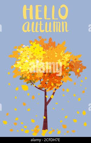 Ciao autunno, lettere, albero autunnale con foglie di invio, cartolina per il design per poster, cartoline, inviti, poster, brochure, volantini. Vettore Illustrazione Vettoriale