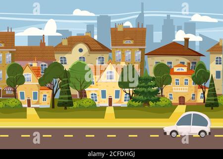 Villaggio suburbano di grande città, alberi, strada, cielo e nuvole. Immobiliare, vendita e affitto casa, villa. Cottage Real Estates cute Town Concept Cartoon Illustrazione Vettoriale