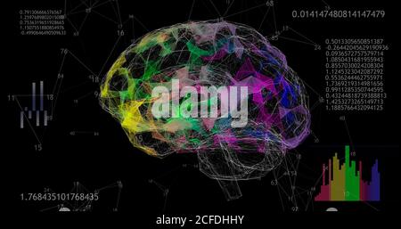 Modello 3D del cervello a bassa poligonale rotante 360 su sfondo nero con numeri animati e diagrammi. Foto Stock