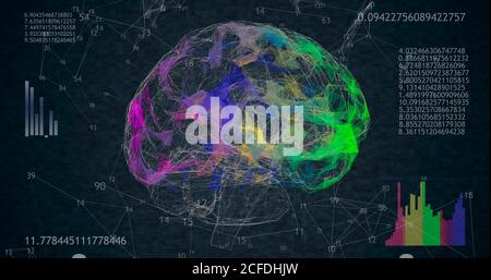 Modello 3D del cervello a bassa poligonale rotante 360 su sfondo nero con numeri animati e diagrammi. Foto Stock