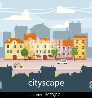 Carino paesaggio urbano, belle case, stile cartone animato, isolato, vettore, illustrazione Illustrazione Vettoriale