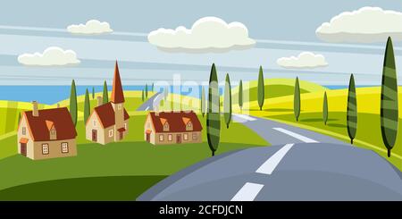 Paesaggio cartoon con strada, higway, campagna ed estate, mare, sole, alberi, willage, case. Viaggio, vacanza, viaggio. Illustrazione vettoriale, isolata Illustrazione Vettoriale
