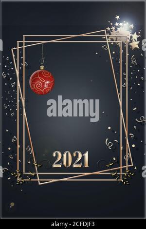 Carta Natale di lusso in oro e nero con cornici, confetti e oro rosso bauble di Natale. Illustrazione 3D, banner, mock-up. Concetto di Black Friday Foto Stock