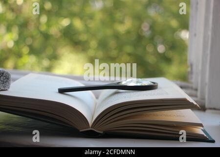apri il libro con la lente d'ingrandimento sullo sfondo della natura. concetto di conoscenza Foto Stock
