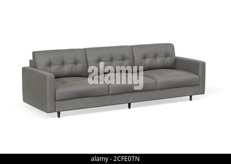 Divano a tre posti in tessuto grigio con gambe in legno sfondo bianco - rendering 3d Foto Stock