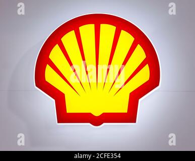 Shell, logo sullo stand della fiera e-World Energy Water, Essen, Nord Reno-Westfalia, Germania Foto Stock