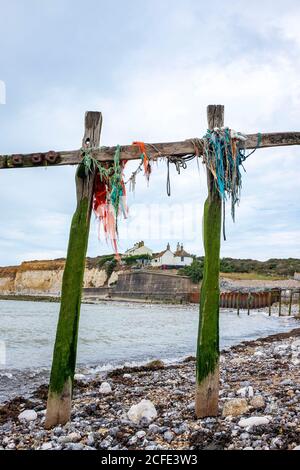I famosi cottage della guardia costiera sulle scogliere che si affacciano su Cuckmere Haven Presso la riserva naturale Seaford Head incorniciata da una vecchia corda lavata sulla bera di legno Foto Stock