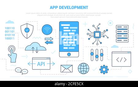 concetto di sviluppo di app con banner modello set di icone con modern colore blu Illustrazione Vettoriale