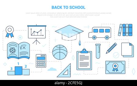 concetto di ritorno a scuola con banner modello set di icone con moderno stile blu Illustrazione Vettoriale