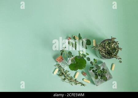Medicina alternativa, origano, menta, timo, erbe in una bottiglia di vetro su sfondo verde. Vista dall'alto. Messa a fuoco selettiva. Foto Stock