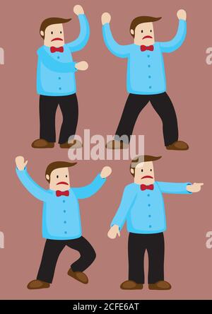 Linguaggio del corpo e gesti di un infelice uomo di cartone animato con cravatta di prua. Illustrazione del carattere vettoriale isolata su sfondo marrone. Illustrazione Vettoriale