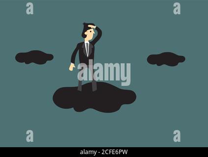 Uomo d'affari Cartoon in piedi su una nuvola nel cielo con la schermatura della mano sopra gli occhi in un gesto di sguardo. Illustrazione vettoriale creativa per la visione aziendale Illustrazione Vettoriale