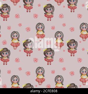 Ripetizioni senza giunture. I bambini sono adorabili. Ragazze in gonne rosse su sfondo rosa con rose. Disegno a mano. Acquerello. Collezione per bambini per il design Foto Stock