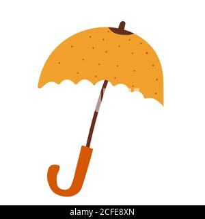 Ombrello giallo cartoon disegnato a mano con puntini rossi su di esso. Illustrazione Vettoriale