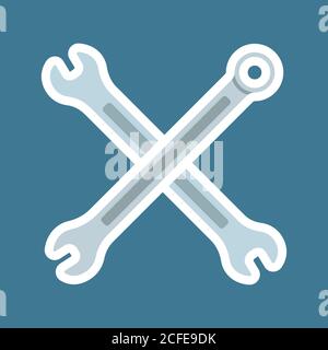 Due chiavi incrociate. Adesivo con tratto bianco spesso. Icona elemento piatto. Illustrazione vettoriale dell'icona della chiave piatta isolata su sfondo blu app web Illustrazione Vettoriale