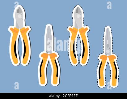 Set di taglierine laterali gialle e pinze. Adesivi con linea punteggiata e tratto bianco e ombre. Gli strumenti sono chiusi, isolati su sfondo blu, piatti Illustrazione Vettoriale