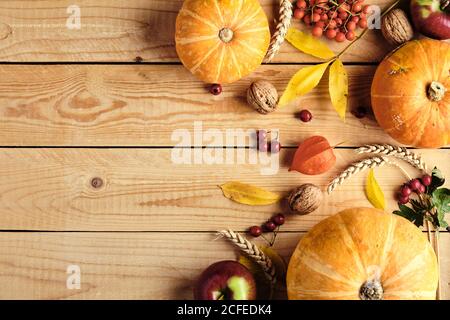 Buon giorno del Ringraziamento. Composizione autunnale con zucche arancioni, foglie cadute, mele, bacche rosse, noci, grano su tavola di legno. Posa piatta, Foto Stock