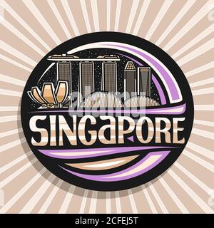 Logo vettoriale per Singapore, sigillo cerchietto decorativo nero con illustrazione del paesaggio moderno della città di singapore sullo sfondo del cielo crepuscolo, fridg turistico Illustrazione Vettoriale