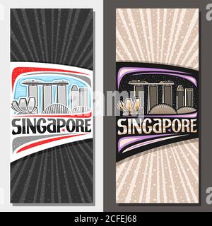 Layout vettoriali per Singapore, dépliant decorativo con illustrazione del paesaggio urbano della città di singapore di giorno e sfondo del cielo crepuscolo, design d'arte a. Illustrazione Vettoriale
