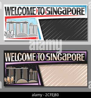 Layout vettoriali per Singapore con spazio copia, voucher decorativo con illustrazione del paesaggio moderno della città di singapore sul giorno e sullo sfondo del cielo crepuscolo, desi Illustrazione Vettoriale