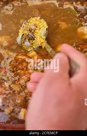 Crop anonimo in piedi umano mettere cucchiaio in grande creta pentola con piatto da cucina di riso di pollo verdure assortite e lumache Foto Stock