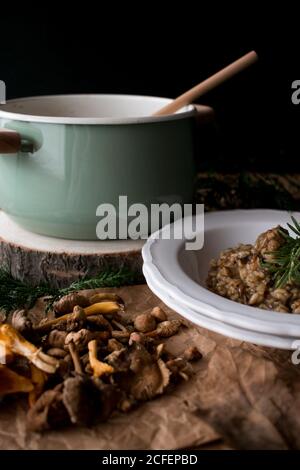 Padella e piatto di delizioso risotto di riso con carne di coniglio e funghi decorati con sprig di rosmarino fresco in cucina Foto Stock