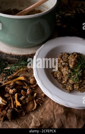 Padella e piatto di delizioso risotto di riso con carne di coniglio e funghi decorati con sprig di rosmarino fresco in cucina Foto Stock