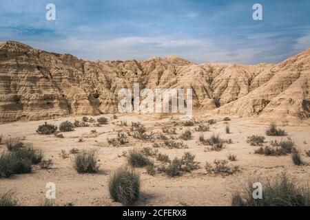 Paesaggio desertico mozzafiato con vegetazione secca e colline di pietra gialla In semi-deserto Bardenas Reales Navarra Spagna Foto Stock