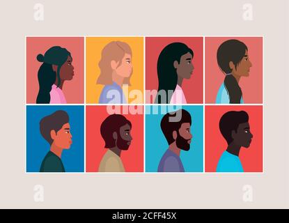 diversità di donne e uomini cartoni animati in cornici disegno vettoriale Illustrazione Vettoriale