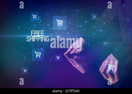 Shopping online con spedizione gratuita Iscrizione concetto, con carrello icone Foto Stock