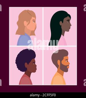 diversità di donne e uomini cartoni animati in cornici disegno vettoriale Illustrazione Vettoriale