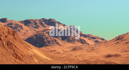 Marte paesaggio, rendering 3d del terreno immaginario Mars pianeta, illustrazione fantascienza. Foto Stock