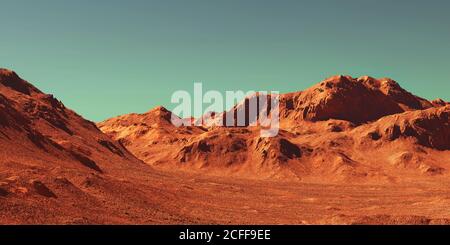 Marte paesaggio, rendering 3d del terreno immaginario Mars pianeta, illustrazione fantascienza. Foto Stock