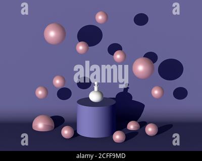 Rendering 3D di una bottiglia di profumo minimale sul podio viola circondato da bollicine rosa sullo sfondo viola - cosmetico impostazione Foto Stock