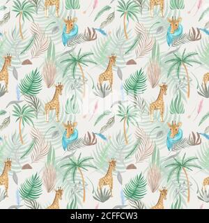 Motivo senza giunture disegno tropicale piante foglie di palma giraffe pampas. Illustrazione dell'acquerello Stampa Safari per borsa di carta digitale in tessuto di sfondo Foto Stock