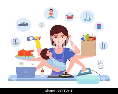 Cartoon personaggio multitasking occupato mamma Illustrazione Vettoriale