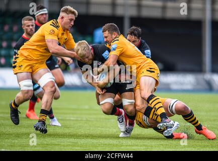 LONDRA, REGNO UNITO. 05 settembre 2020. Jackson Wray of Saracens viene affrontato durante il GALAGHER Premiership Rugby Match Round 18 tra Saracens vs Wasps ad Allianz Park sabato 05 settembre 2020. LONDRA, INGHILTERRA. Credit: Taka G Wu/Alamy Live News Foto Stock