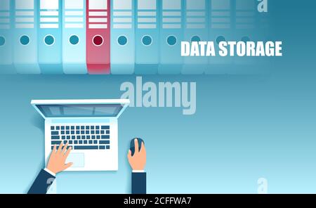 Vettore di un uomo d'affari che utilizza un computer portatile per la ricerca di un file nello storage di dati organizzato su cloud Illustrazione Vettoriale