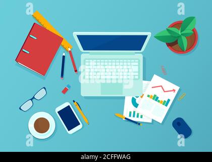 Vista dall'alto vettoriale di un luogo di lavoro di un dipendente Illustrazione Vettoriale