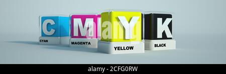 Rendering 3D dei colori di stampa ciano, magenta, giallo e nero Foto Stock