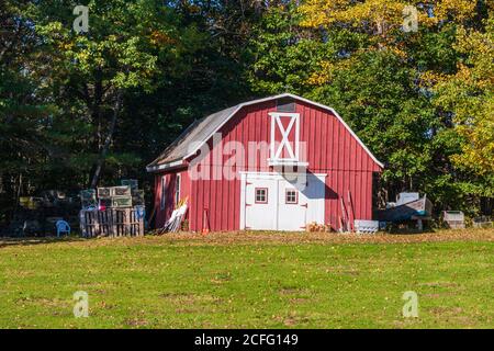 Red Barn in Maine rurale orientale vicino a Freeport nel mese di ottobre. Foto Stock