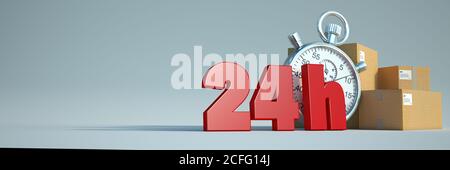 Rendering 3D delle parole 24 h, scatole di cartone e un cronometro Foto Stock