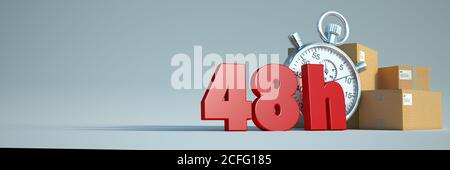 Rendering 3D delle parole 48 h, scatole di cartone e un cronometro Foto Stock
