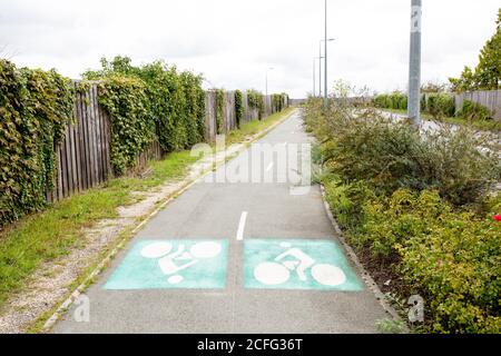 Segnaletica della corsia per biciclette sulla strada Symbol per indicare la strada per biciclette Foto Stock